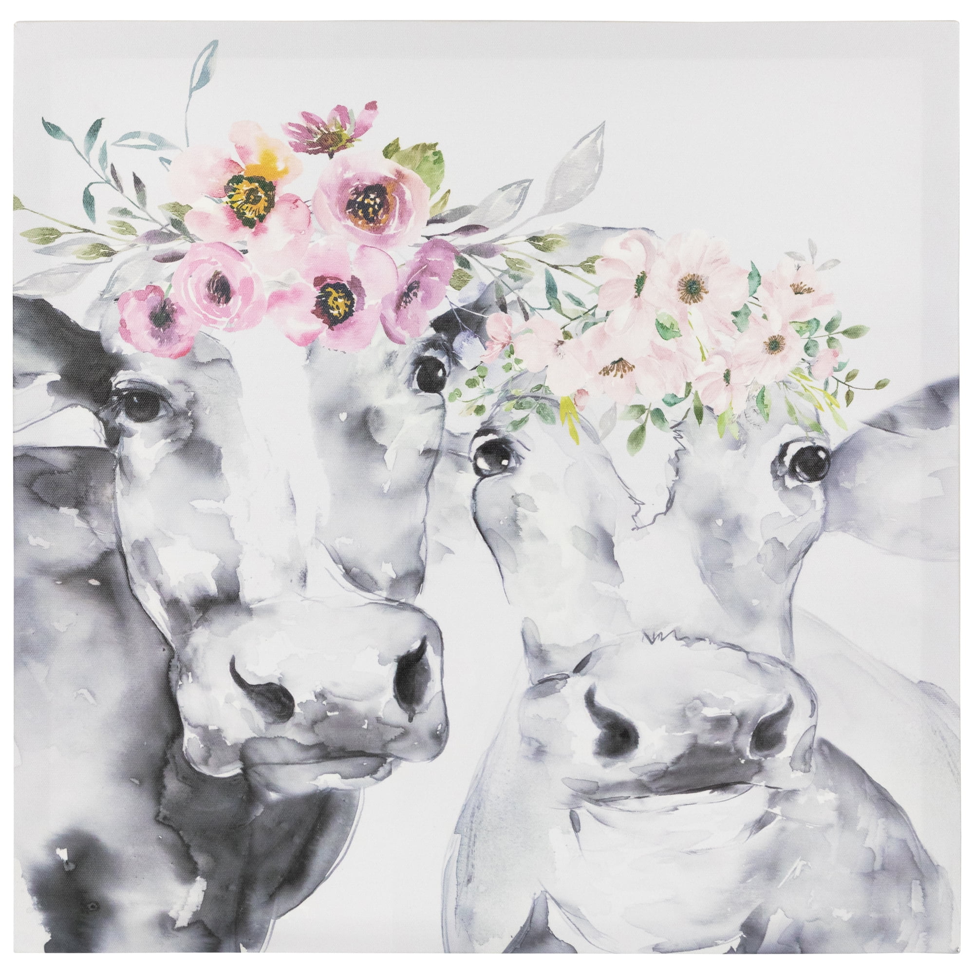 Rustic Gray and White Cows with Pink Wildflowers Canvas Wall Art