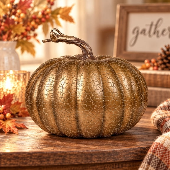 Northlight Crackled Glittered Fall Harvest Pumpkin - 7" - Bronze and Gold