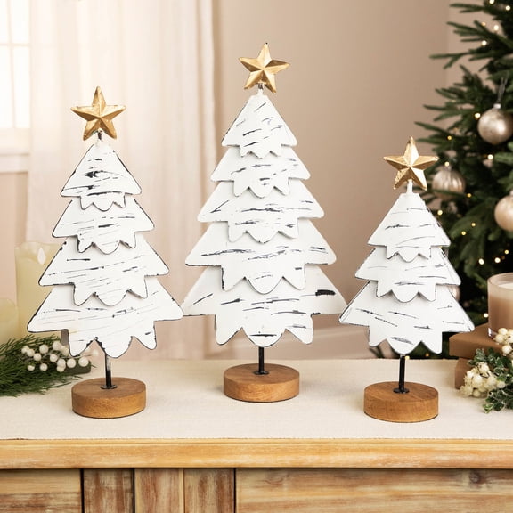 Northlight Cutout Waved Leaf Trees with Mango Wood Base Christmas Decorations - 19.5" - Set of 3