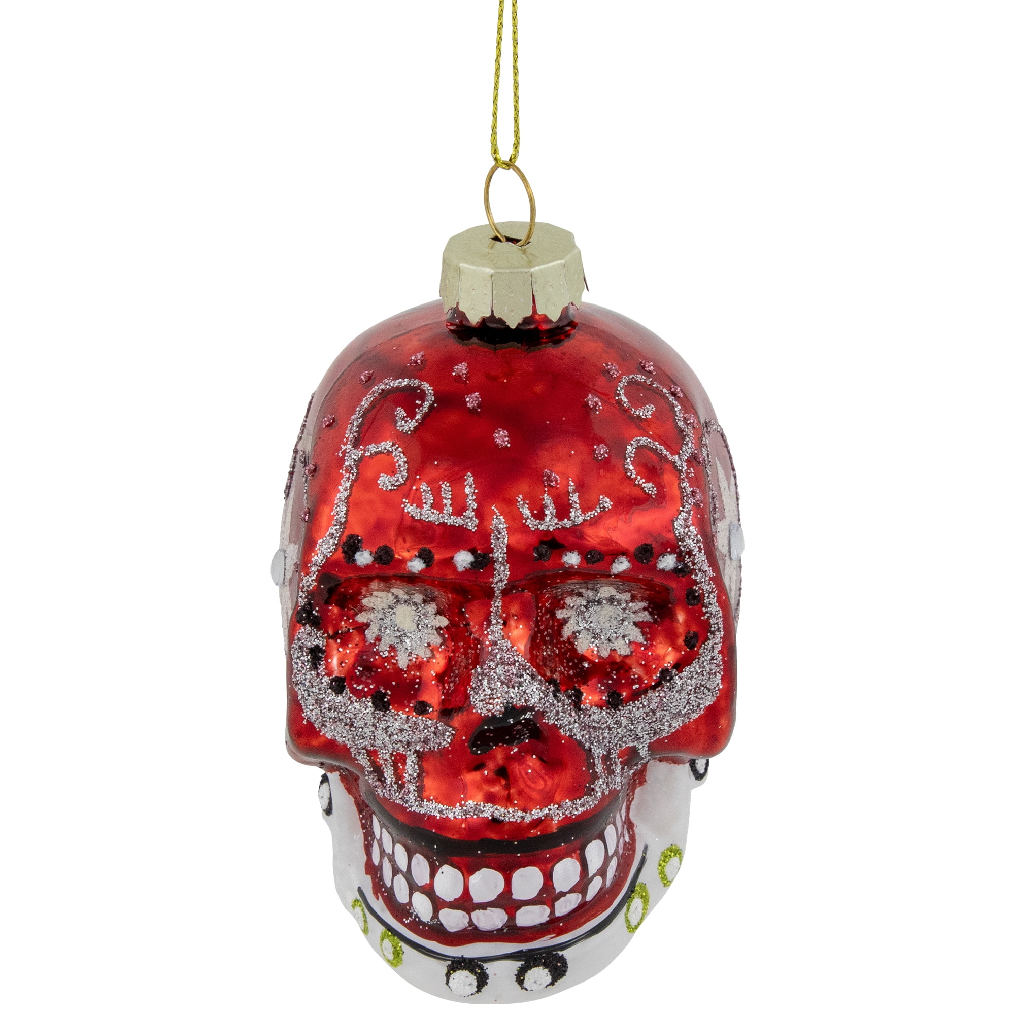 Northlight Day of the Dead Skull Head Glitter Glass Christmas Ornament - 3.5" - Red