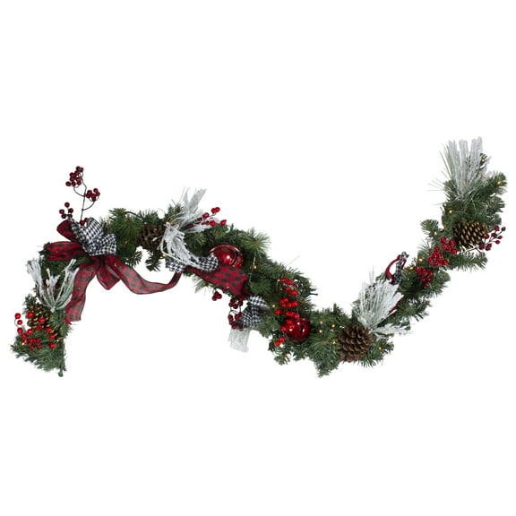 Northlight Decorated Warm White Prelit Incandescent Corded Berries Artificial Christmas Garland, with Plaid Bows 12" (Multi-color)