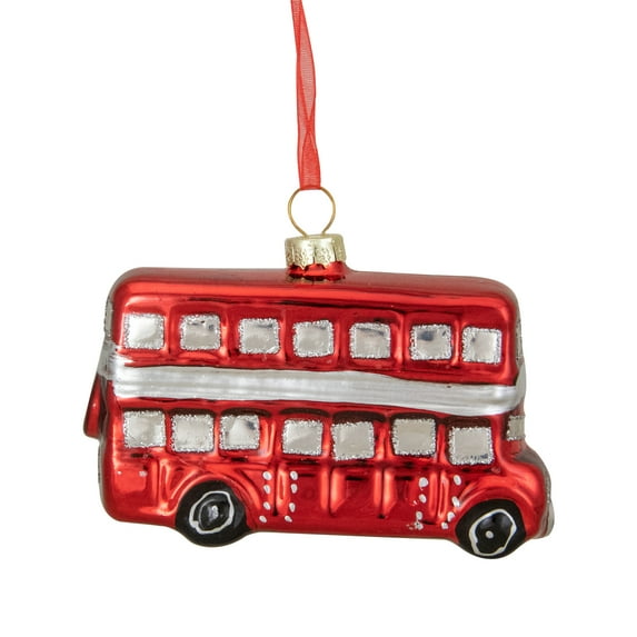 Northlight Double Decker Bus Glass Christmas Ornament - 3.75" - Silver and Red