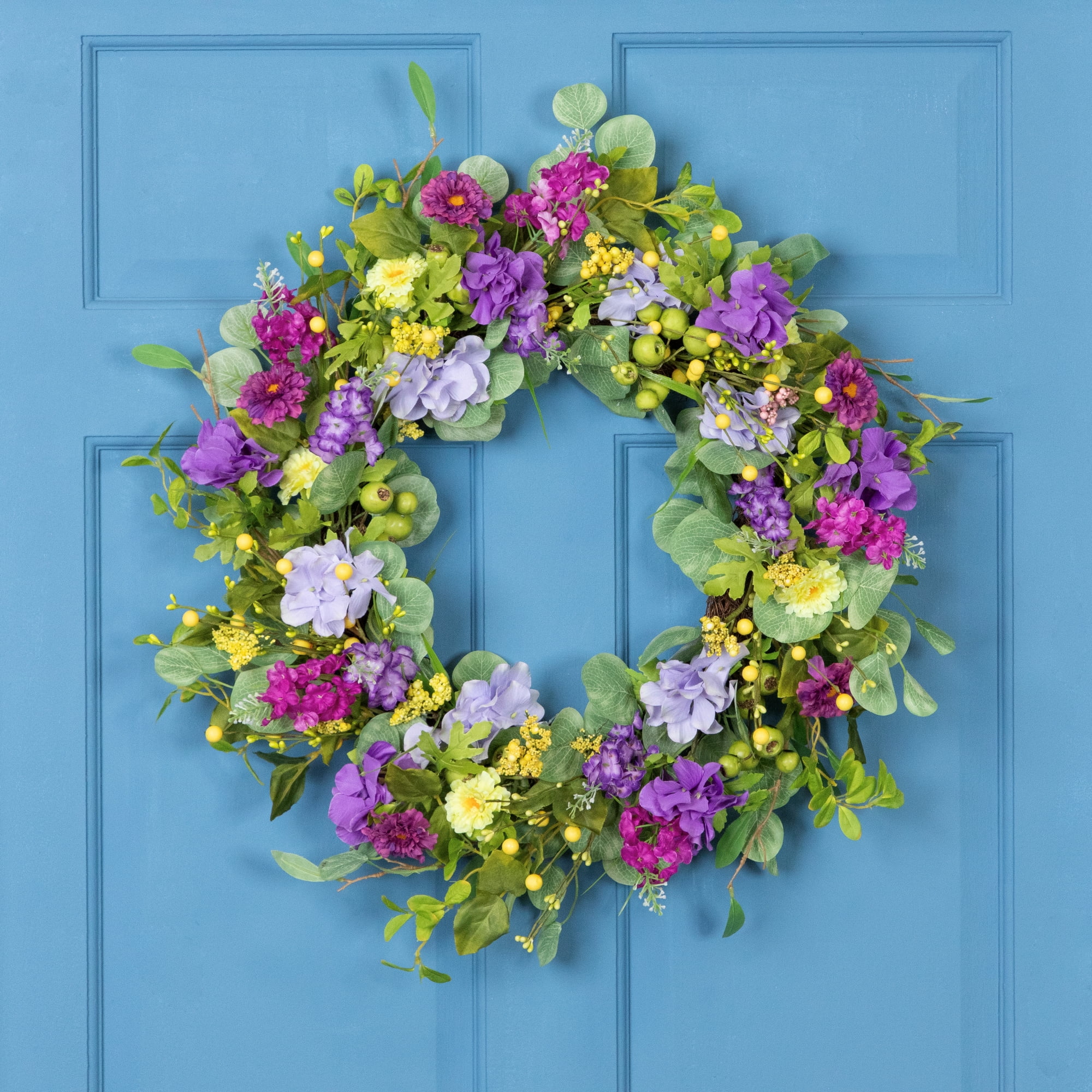 Purple and Yellow Eucalyptus Hydrangea Spring Wreath 23"