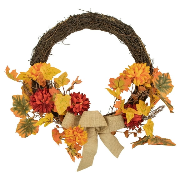 Northlight Mums and Maple Leaves Small Artificial Floral Fall Harvest Half Wreath with Burlap Bow -