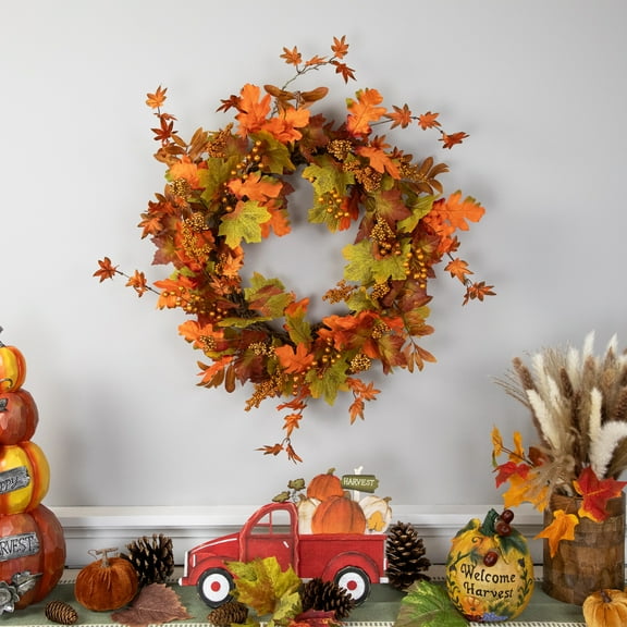 Northlight Mixed Autumn Leaves and Golden Berries Artificial Fall Harvest Twig Wreath - 22"