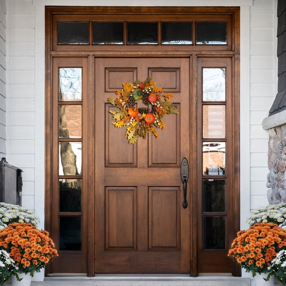 Northlight Fallen Leaves with Pine Cones and Pumpkins Artificial Thanksgiving Wreath, Orange 24-Inch