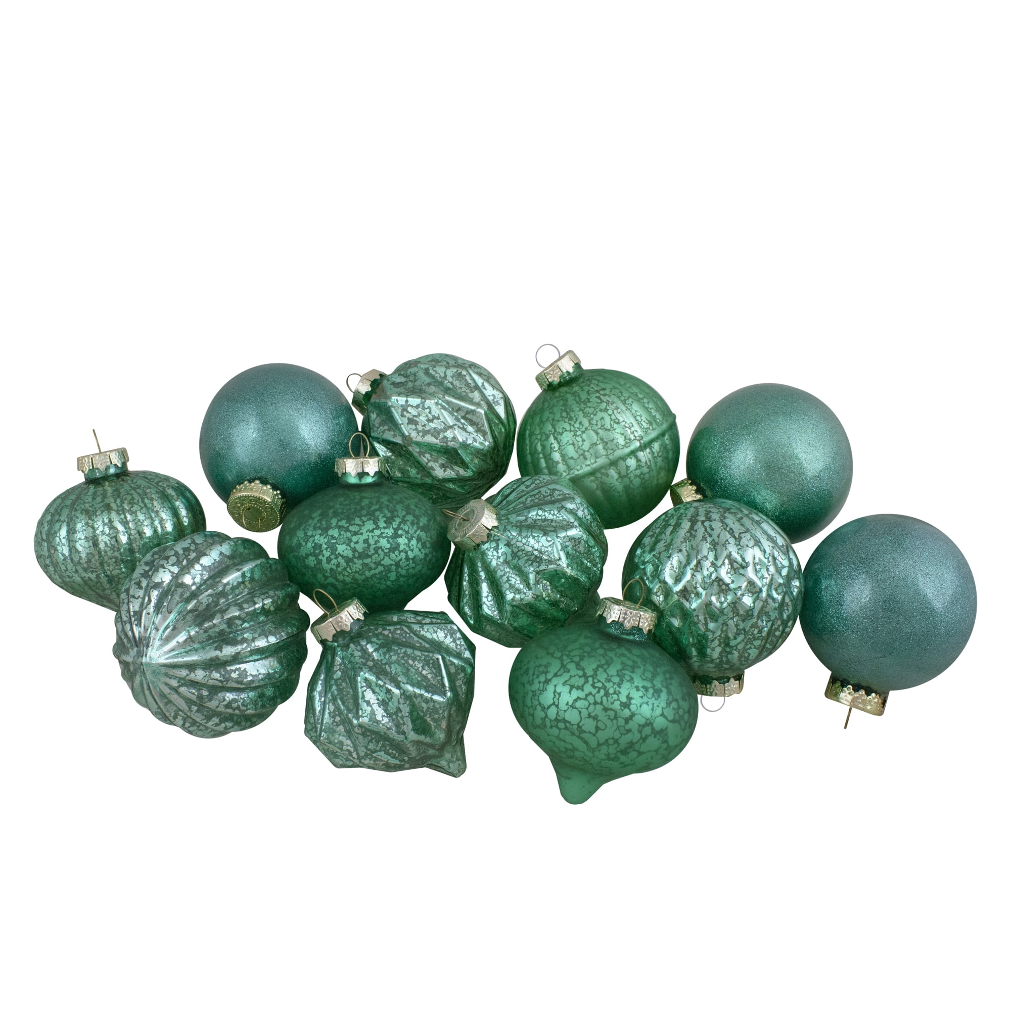 Green Ridged Glass Ball Christmas Ornaments Set of 12