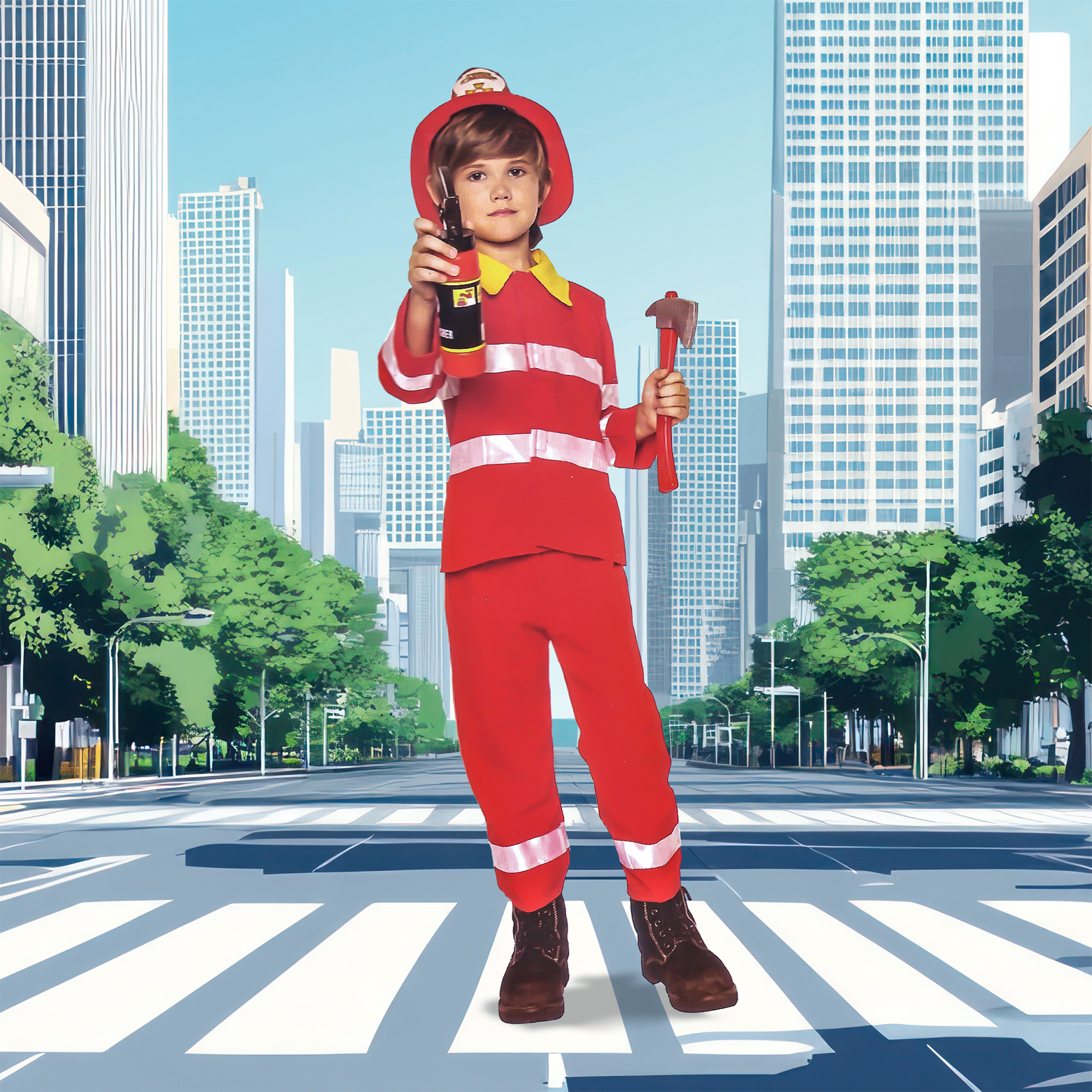 Adult Men's Firefighter Fancy Dress Costume - Red Polyester Outfit (New With Tags)