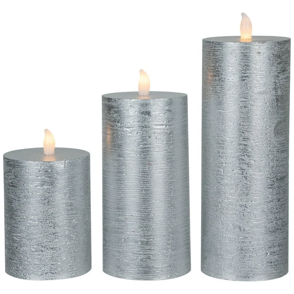 Northlight Flameless Flickering LED Wax Pillar Candles - 8" - Brushed Silver - Set of 3