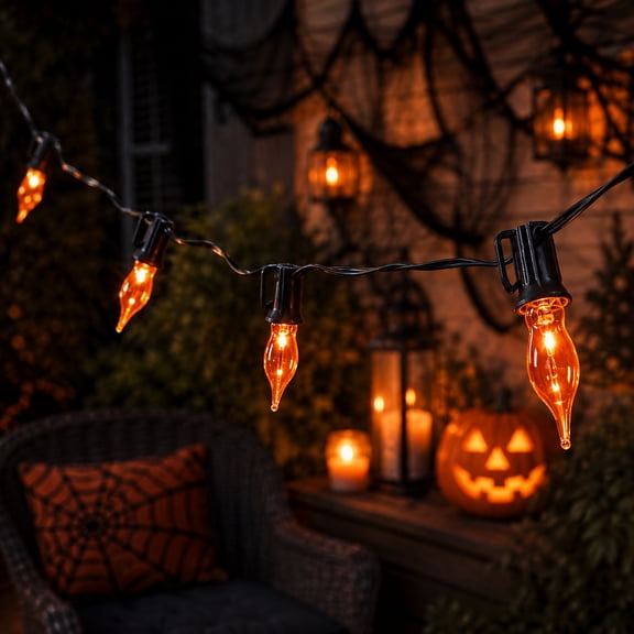 Northlight Flickering Flame C7 Halloween Lights - Orange - 9' Black Wire - 10ct