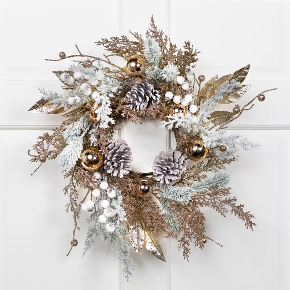 Northlight Flocked Pine and Ball Ornament Glittered Small Artificial Christmas Wreath - 20" - Unlit