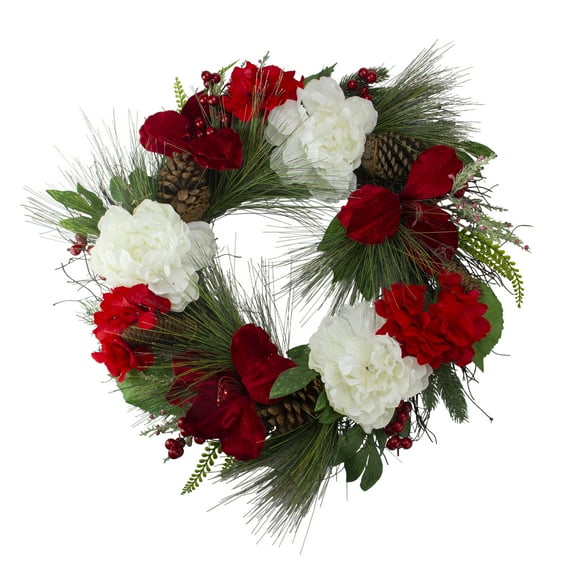 Northlight Peony and Amaryllis Artificial Floral Twig Wreath - Red - 24"