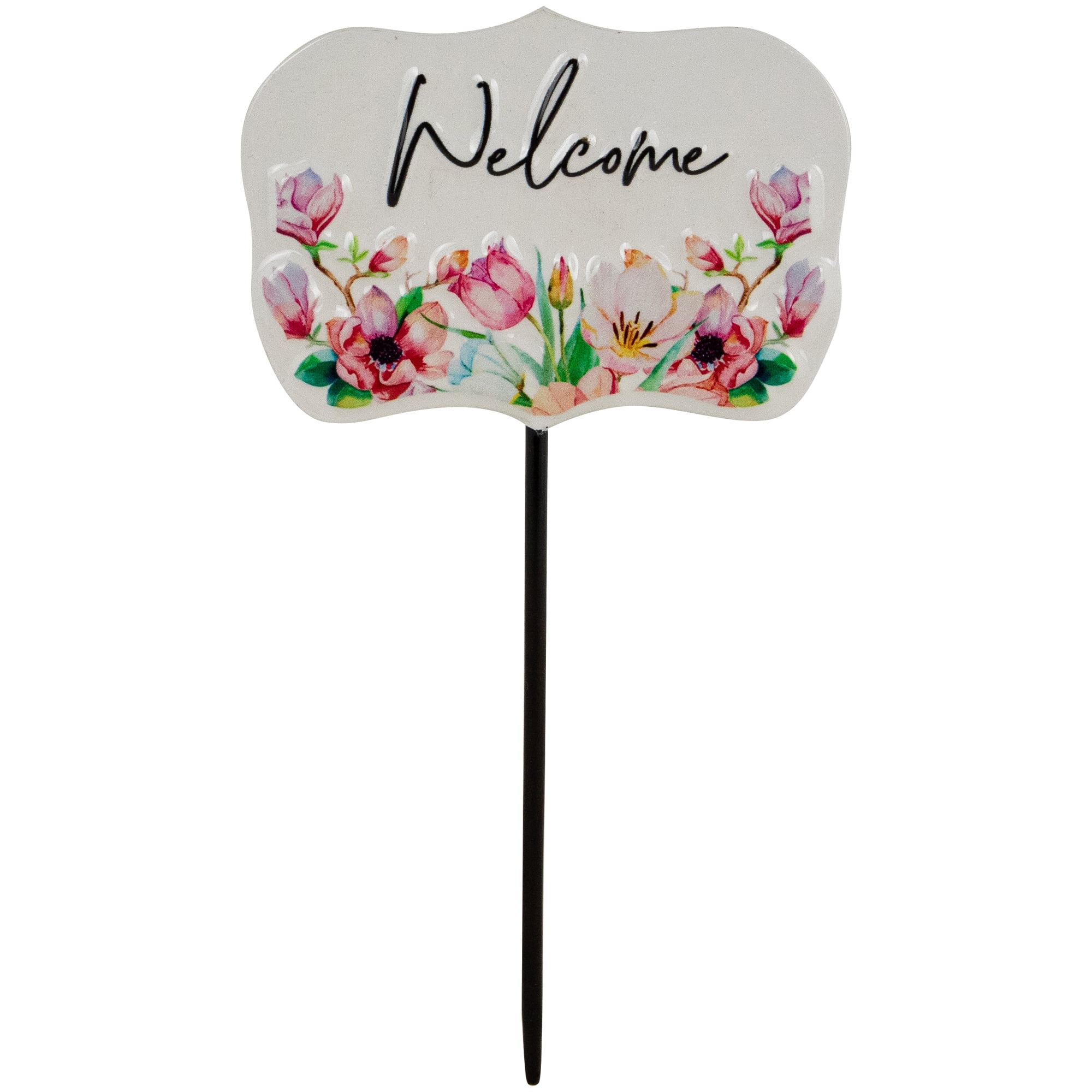White Floral Welcome Metal Garden Stake, 8 inch