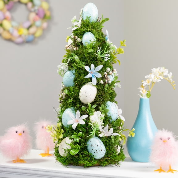 Northlight Floral and Foliage Easter Egg Tree - 14" - Blue and White