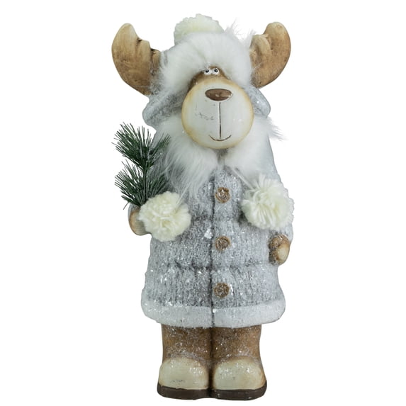 Northlight Frosted Ceramic Moose in Winter Coat Holding Pine Sprigs Christmas Figure - 18"