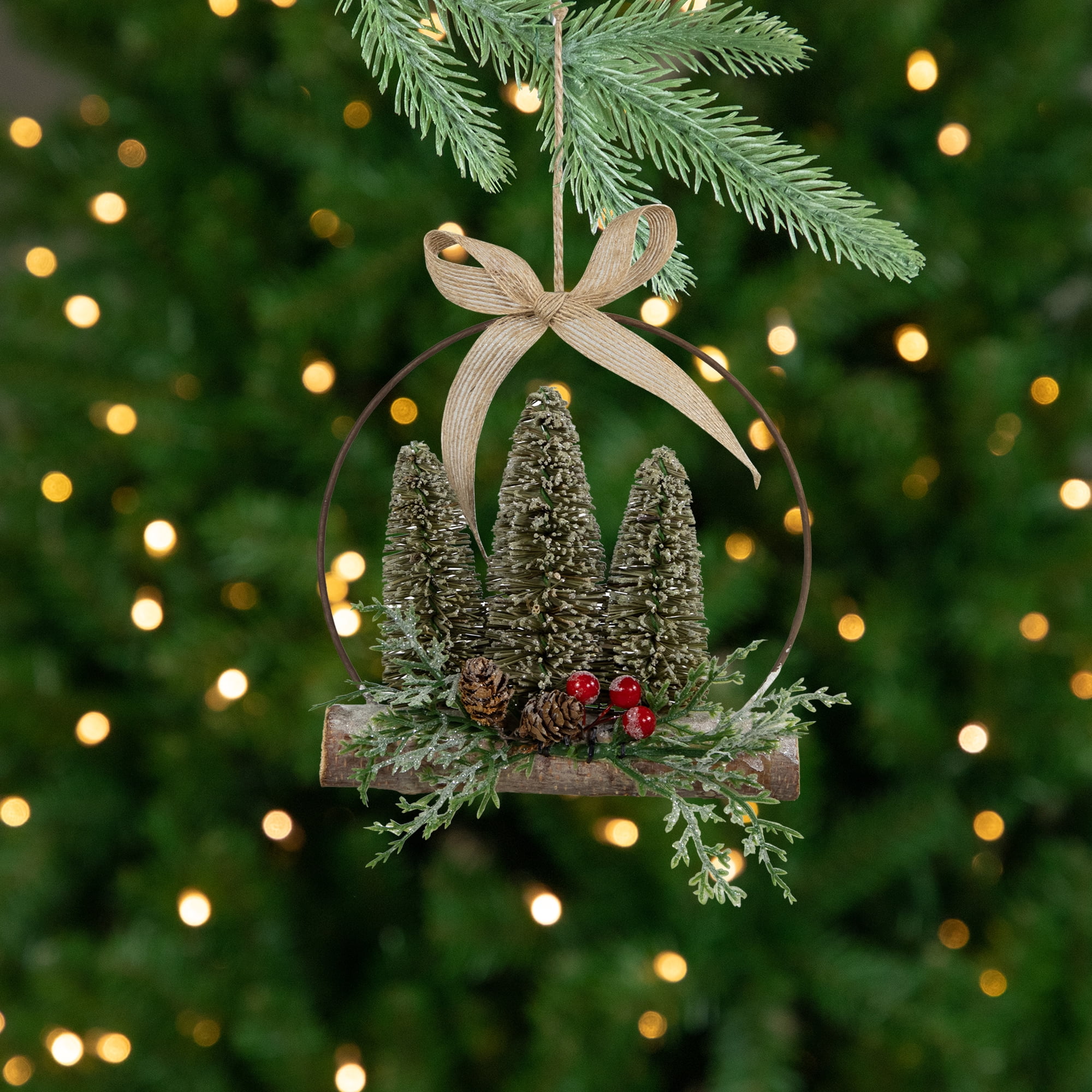 Rustic Frosted Green Bottle Brush Trees Ornament with Burlap Bow