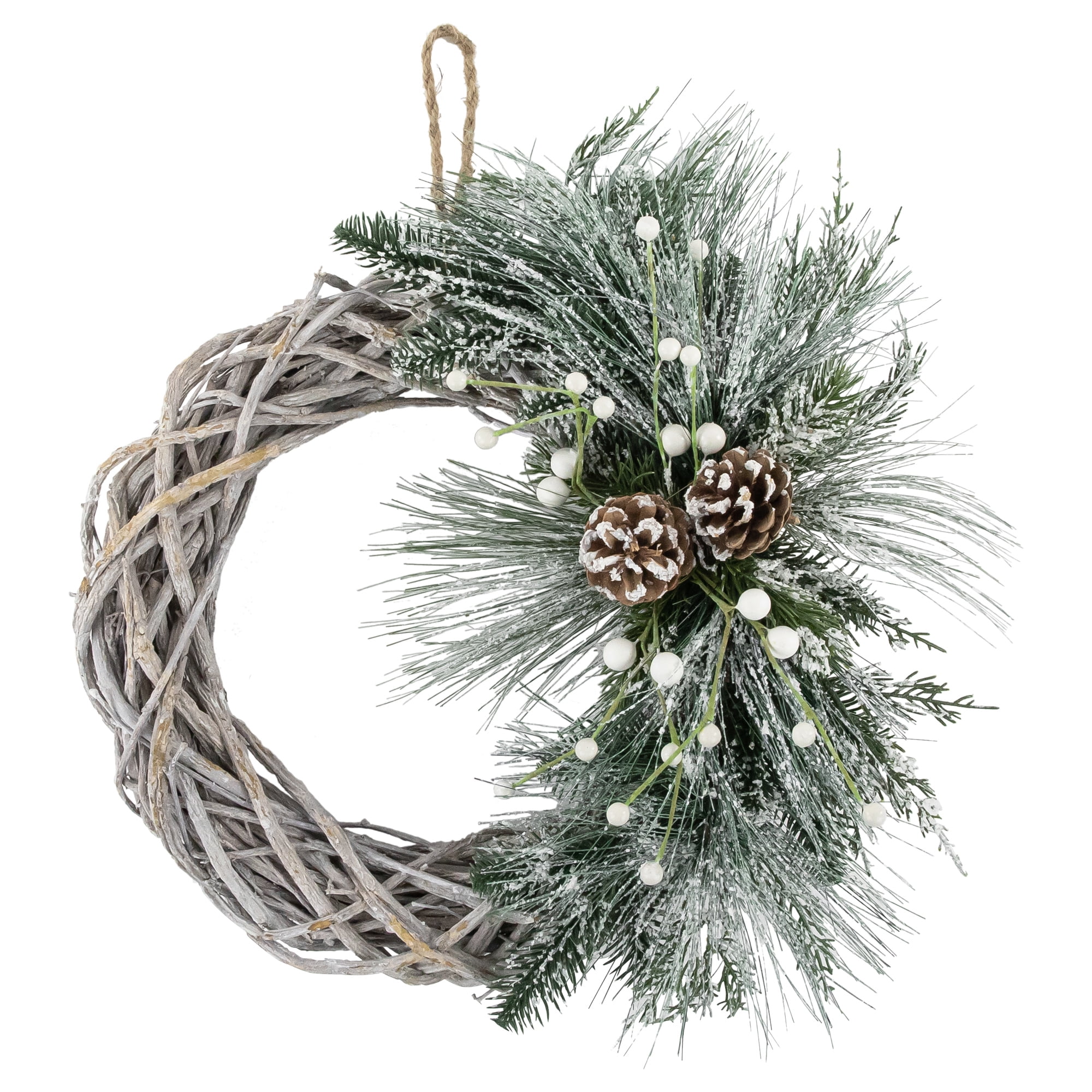 Frosted Pine Cone and Foliage Artificial Christmas Twig Wreath, 15 Inch