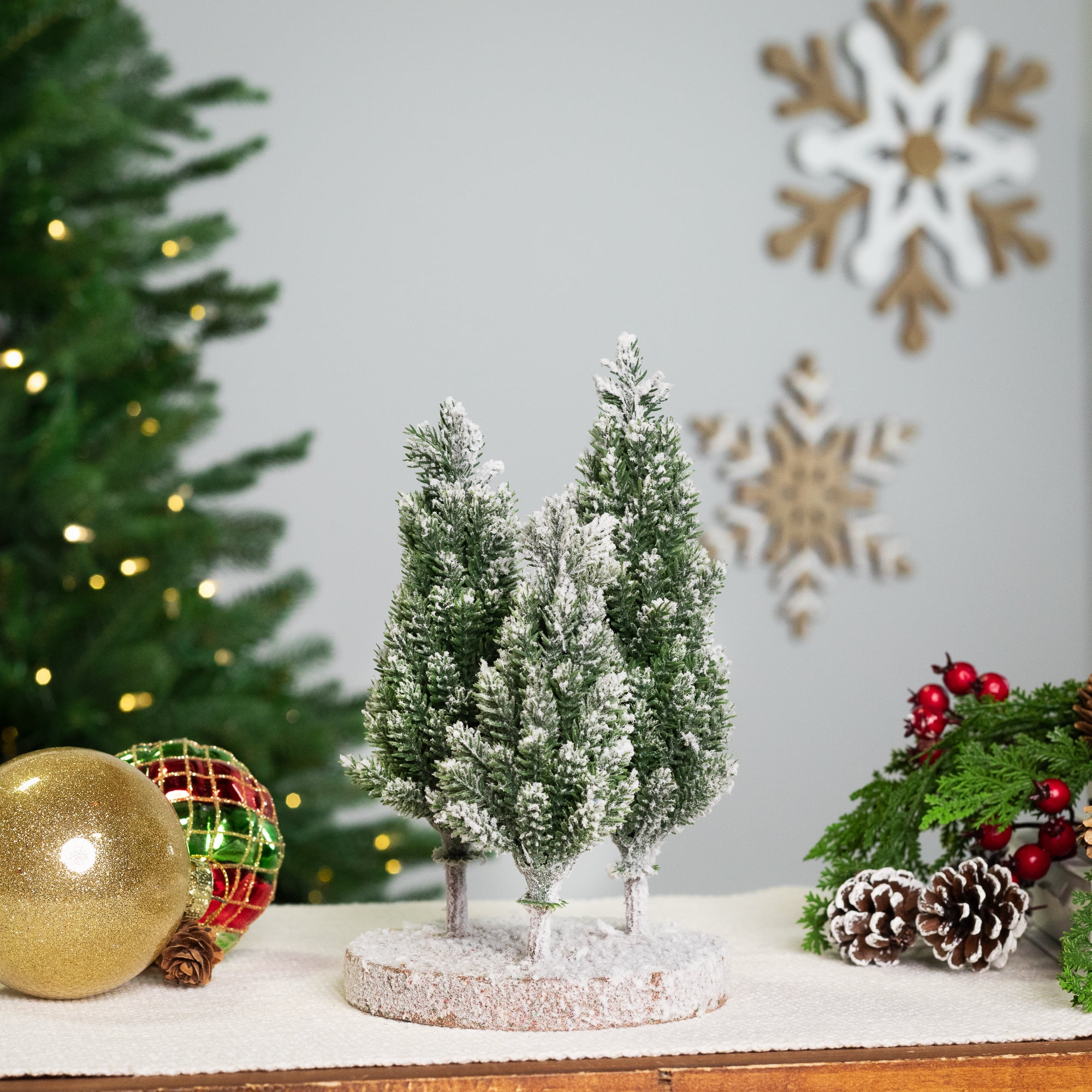 Frosted Trio of Pine Trees on Wood Base - 8"