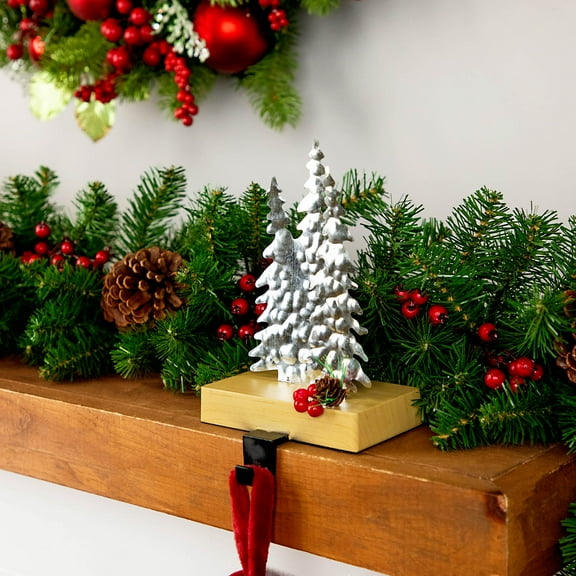 Galvanized Metal Deer with Trees Christmas Stocking Holder - 8.5" - Silver