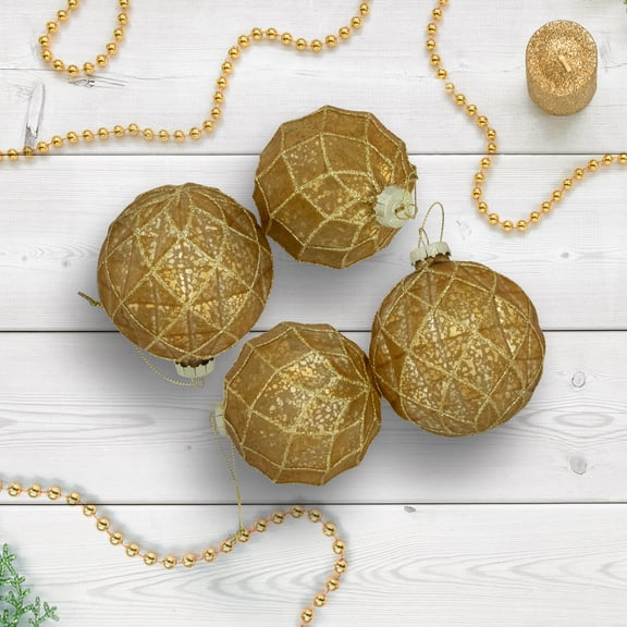 Northlight Geometric Glittered Mercury Glass Ball Christmas Ornaments - 3" (80mm) - Gold - 4ct