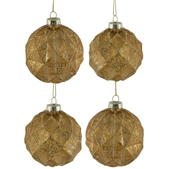 Northlight Geometric Glittered Mercury Glass Ball Christmas Ornaments - 3" (80mm) - Gold - 4ct
