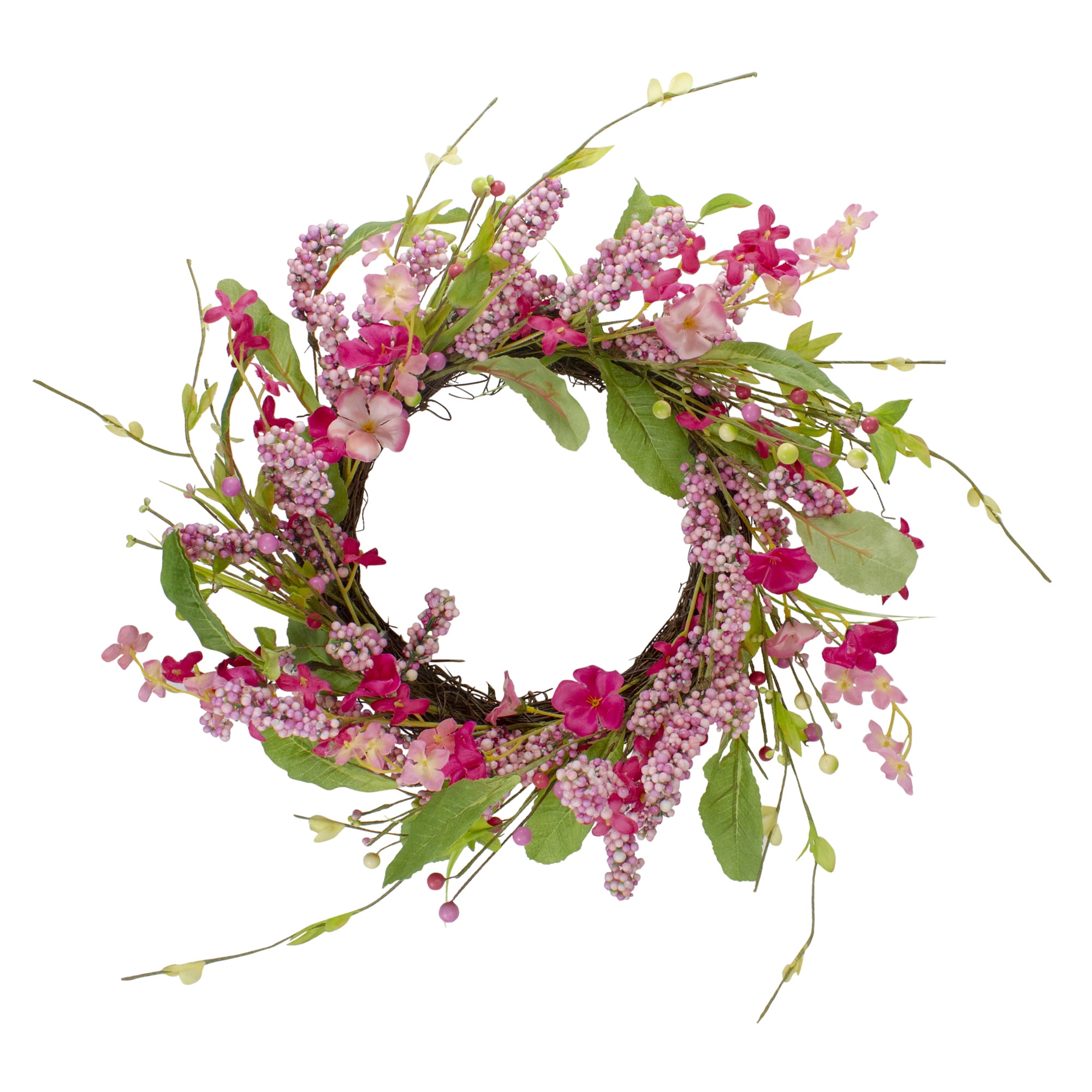 Pink and White Artificial Geranium Floral Wreath with Green Foliage - 18-Inch