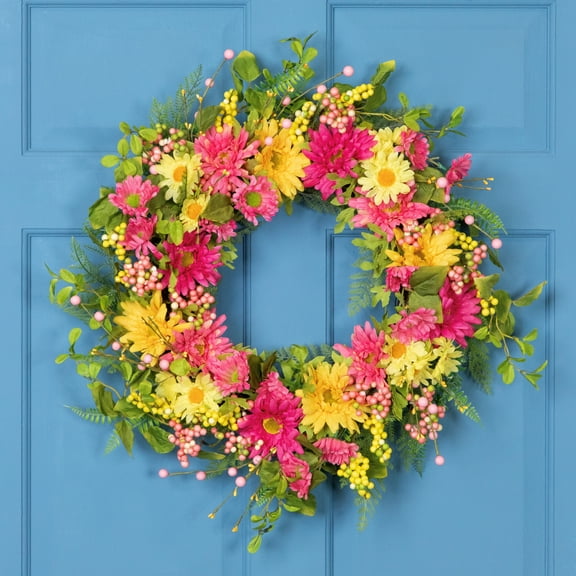 Northlight Gerbera Daisy, Berries and Daisy Floral Spring Wreath - 23" - Pink/Yellow