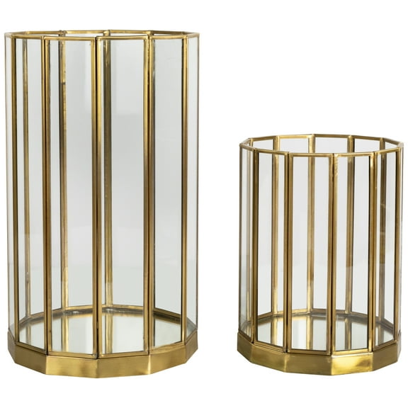 Northlight Glass Hurricane Mirrored Pillar Candle Holders - 11.75" - Brass Finish - Set of 2