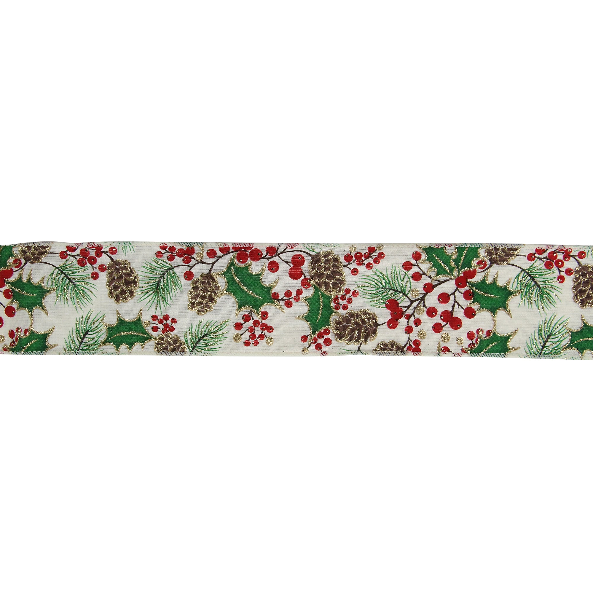 Northlight Glitter White and Green Holly Berries Christmas Wired Craft  Ribbon 2.5\, image size:2000x2000