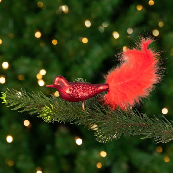 Northlight Glitter Winged Bird with Tail Clip On Glass Christmas Ornament - 5.5" - Red Orange