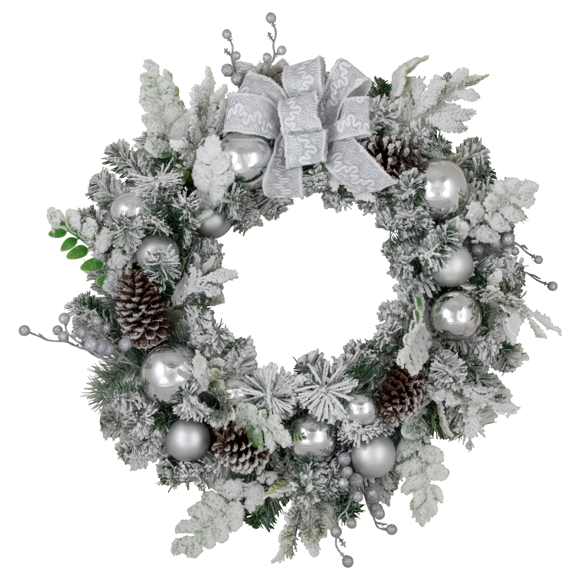 Northlight Glitter and Frosted Foliage Artificial Christmas Wreath with Bow 30-Inch Unlit - 30"