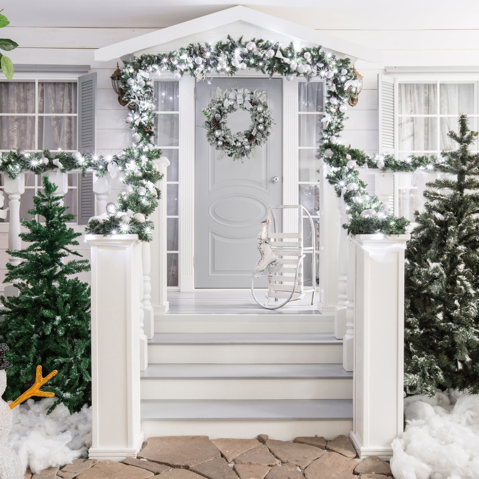 Silver and White Frosted Pine Christmas Wreath with Bow, 30-Inch