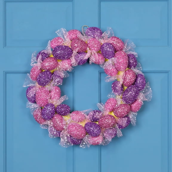 Northlight Glittered Small Artificial Easter Egg Wreath with Mesh Ribbons - 20"