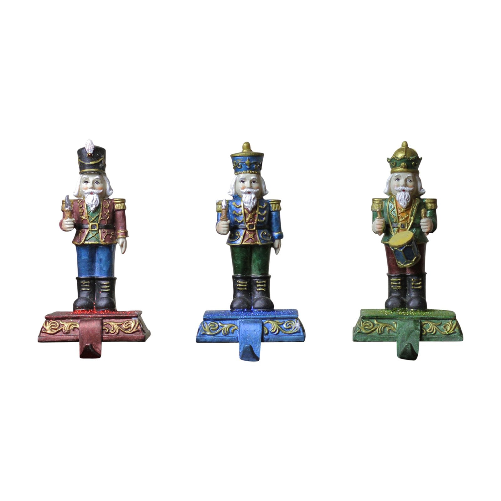 Glittered Nutcracker Stocking Holders Set of Three in Red, Blue, and Green