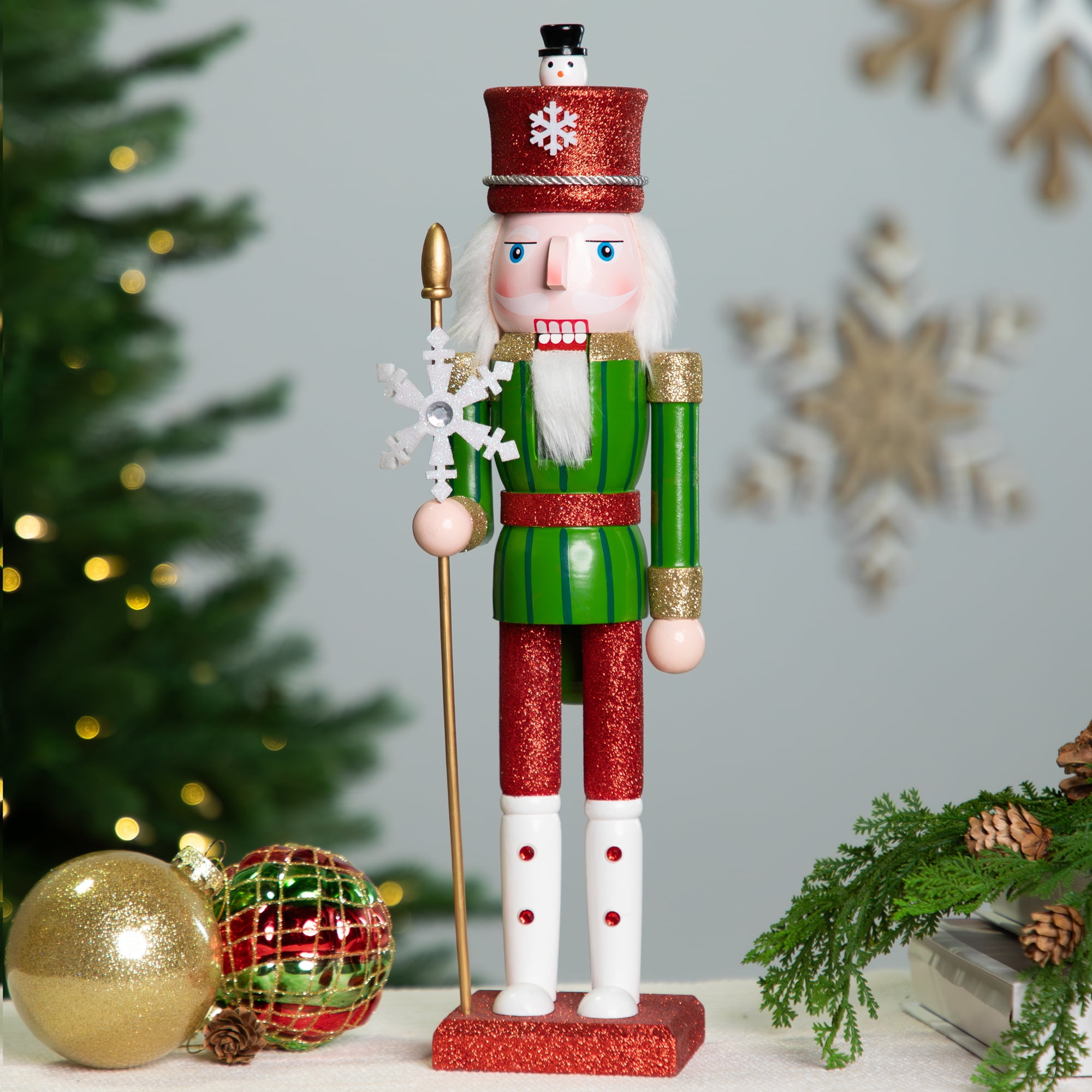 15" Red and Green Glittered Nutcracker with Snowflake Scepter