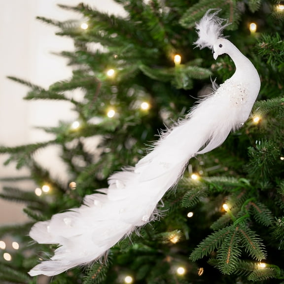 Northlight Glittered Peacock Clip-on Christmas Ornament - 14" - White