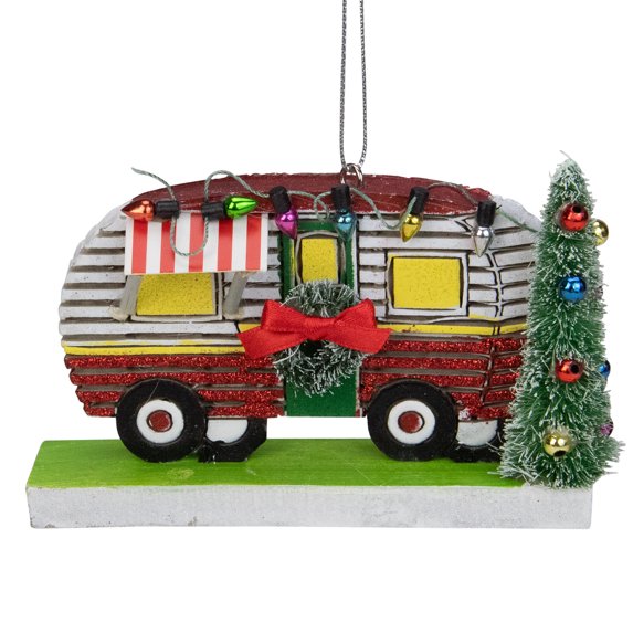 Northlight Glittered Red and White Camper with Christmas Tree Ornament 6"