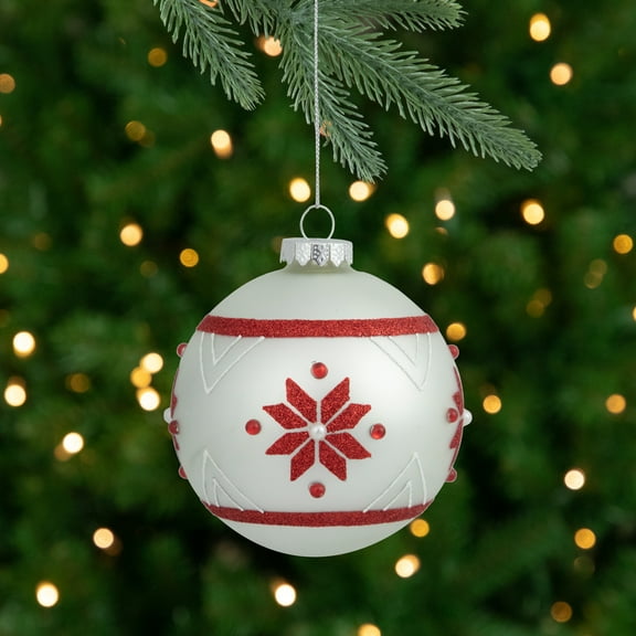 Northlight Glittered Snowflake Glass Christmas Ball Ornament - 4" - White and Red