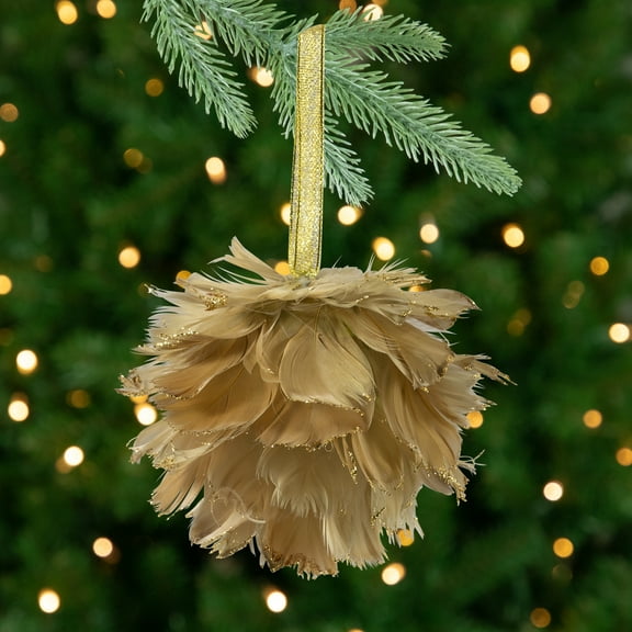 Northlight Glittered Feathers Christmas Ball Ornament - 6" - Tan