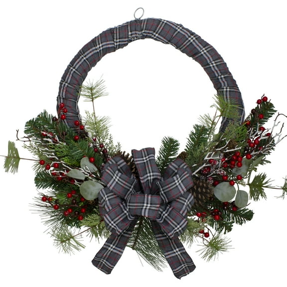 Northlight Mixed Foliage and Berries Artificial Christmas Plaid Fabric Half Wreath - 24" - Unlit