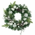 thumbnail image 1 of Northlight Green Pine Frosted Artificial Christmas Wreath with Laced Ornaments 24-Inch Unlit, 1 of 3