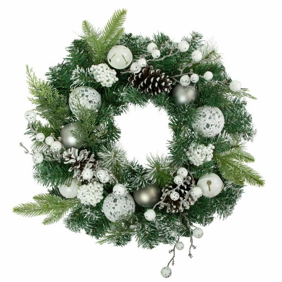 Northlight Green Pine Frosted Artificial Christmas Wreath with Laced Ornaments 24-Inch Unlit