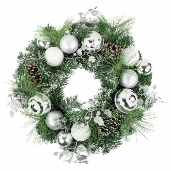 Northlight Green Pine Needle Wreath with Pinecones and Christmas Ornaments 24-Inch Unlit