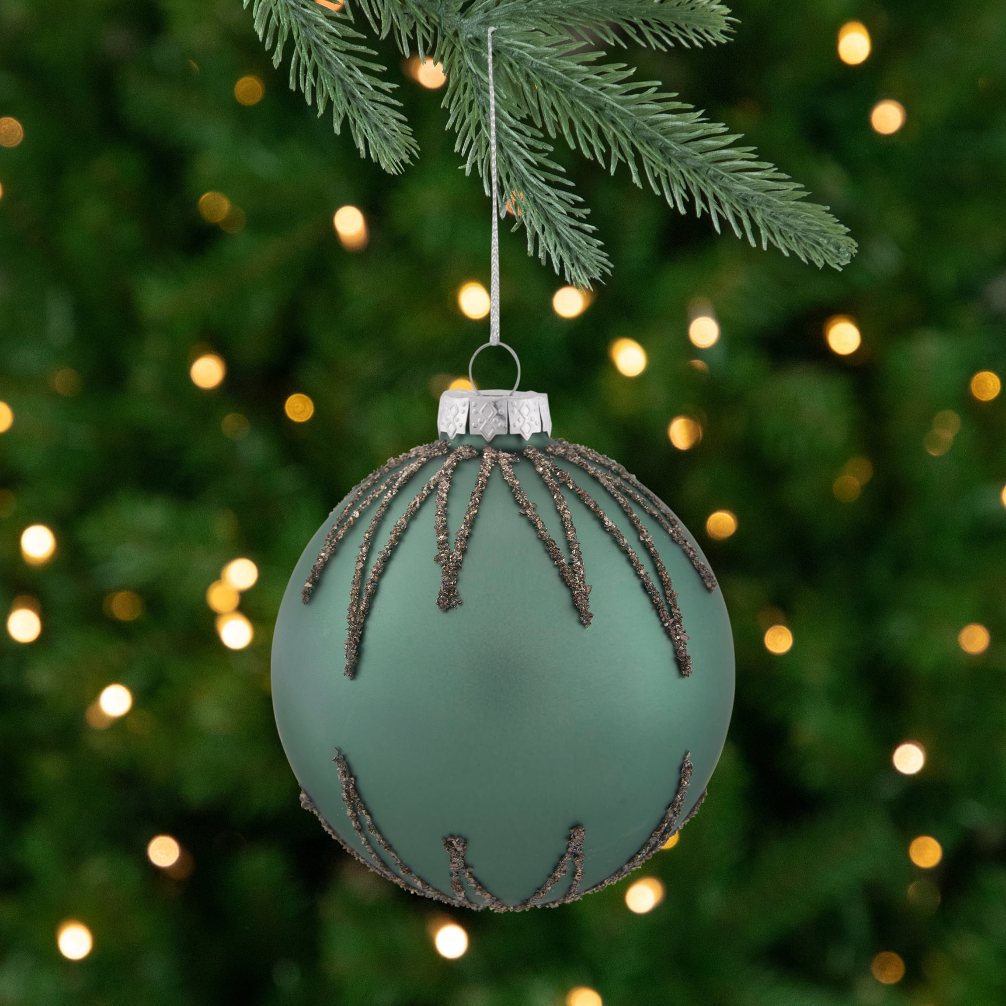 Northlight Matte Glass Ball with Glitter Starburst Christmas Ornament - 4" - Green
