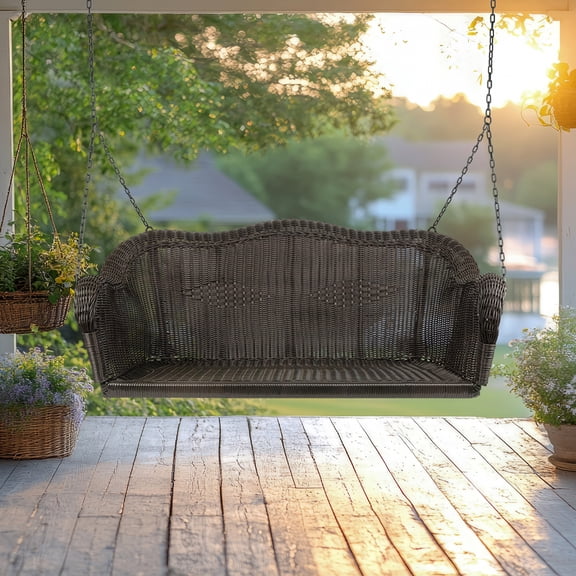 Northlight Hand Woven Resin Wicker Porch Swing with Chain - Chocolate Brown