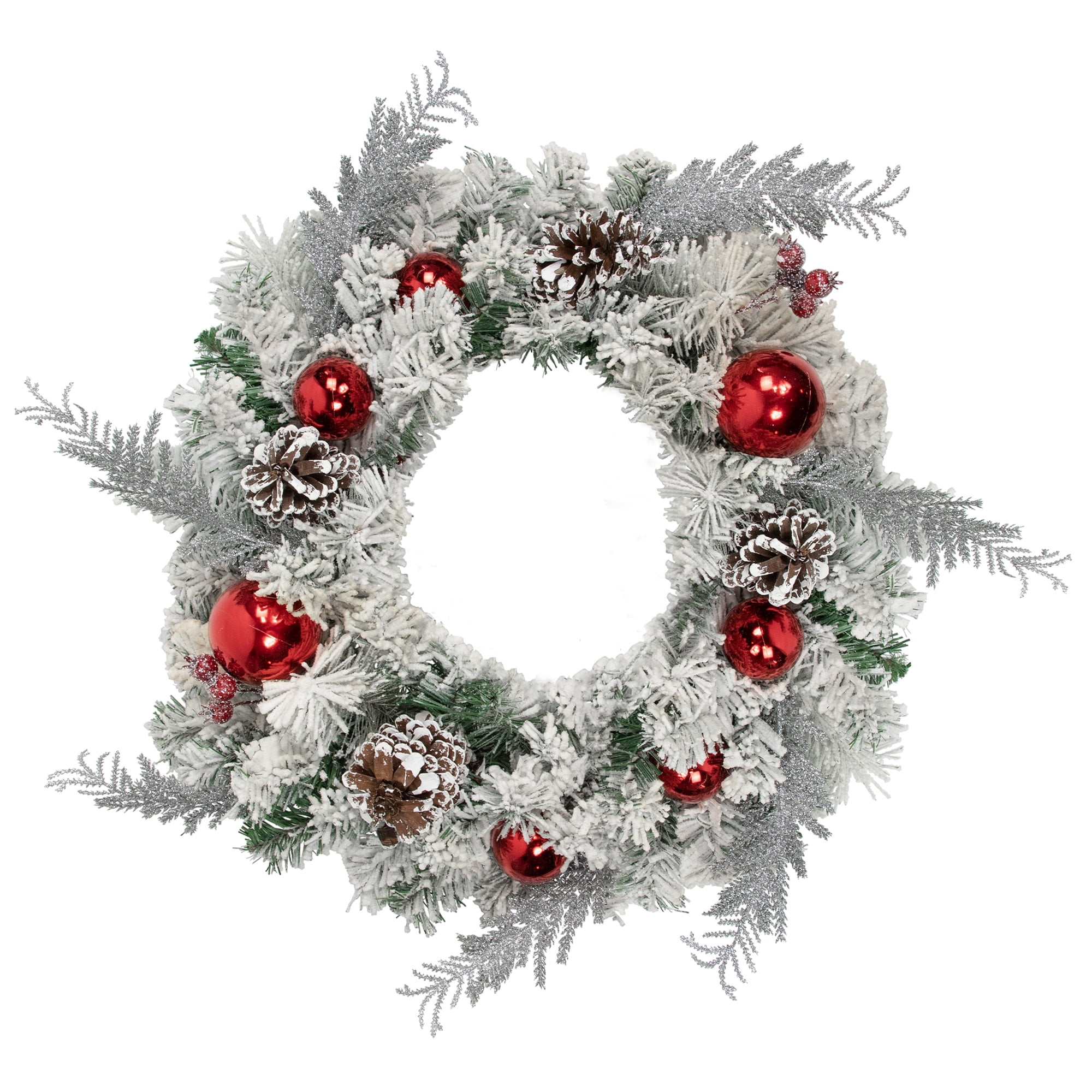 Flocked Pine with Red Ornaments 24-Inch Artificial Christmas Wreath