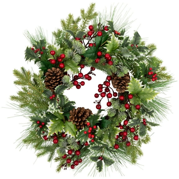 Northlight Holly and Berries, Frosted Thistle and Pine Artificial Christmas Wreath - 24" - Unlit
