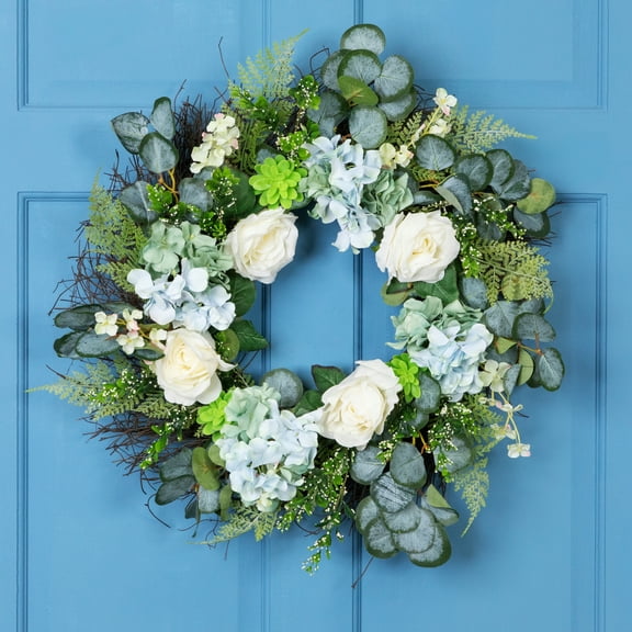 Northlight Hydrangea, Rose and Geranium Artificial Floral Spring Wreath, White and Blue - 24-Inch