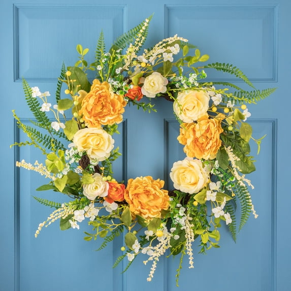 Northlight Hydrangea and Rose Artificial Floral Wreath - 24" - Yellow