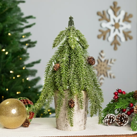 Northlight Icy Pine Mini Christmas Tree with Pine Cones in Faux Birch Wood Pot - 12" - Unlit